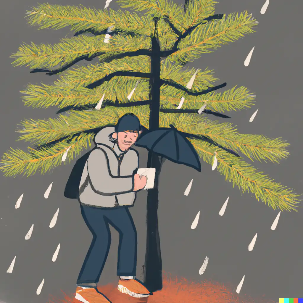 소나무 아래애서 비를 피하고 있는 남자 일러스트 이미지